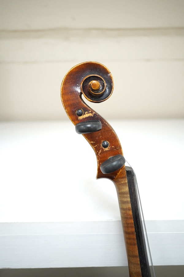 A cased violin, possibly Czech, body 36cm. Condition - fair